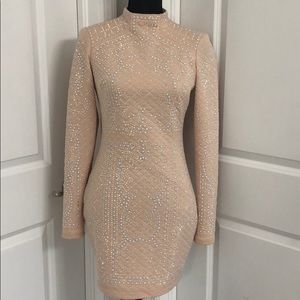 Nude Long Sleeve High Neck Dazzled Quilted Dress